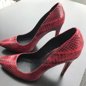 Red snake print heels